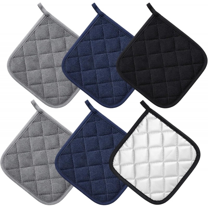 6 PCS Cotton Pot Holders for Kitchen Heat Resistant Hot Pads Square Potholders Set Oven Mitts Trivets Black Blue Grey Kitchen Accessories