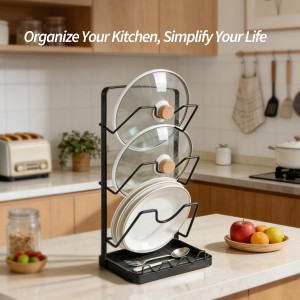 Pot Lid Organizer Rack 3 Tier, Stainless Steel Pot Lid Holder for Countertop & Wall Mount, Multifunctional Pan Cover & Cutting Board Stand with Removable Drip Tray and Spoon Rest, Rustproof