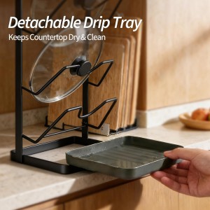 Pot Lid Organizer Rack 3 Tier, Stainless Steel Pot Lid Holder for Countertop & Wall Mount, Multifunctional Pan Cover & Cutting Board Stand with Removable Drip Tray and Spoon Rest, Rustproof