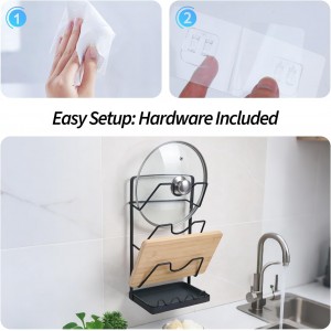 Pot Lid Organizer Rack 3 Tier, Stainless Steel Pot Lid Holder for Countertop & Wall Mount, Multifunctional Pan Cover & Cutting Board Stand with Removable Drip Tray and Spoon Rest, Rustproof