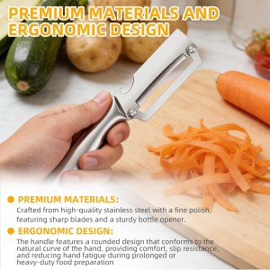 Multi-Functional Vegetable Peeler for Kitchen, Fruit Peeling Knife，stainless steel sharp blade with bottle opener, suitable for fruits and vegetables, pumpkin, sugar cane. (Stainless steel handle)
