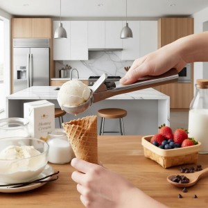 Premium Ice Cream Scoop with Trigger Ice Cream Scooper Stainless Steel, Heavy Duty Metal Icecream Scoop Spoon Dishwasher Safe, Perfect for Frozen Yogurt, Gelatos, Sundaes, Silver Large