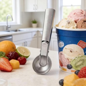 Premium Ice Cream Scoop with Trigger Ice Cream Scooper Stainless Steel, Heavy Duty Metal Icecream Scoop Spoon Dishwasher Safe, Perfect for Frozen Yogurt, Gelatos, Sundaes, Silver Large