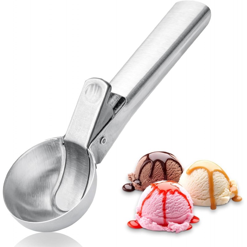 Premium Ice Cream Scoop with Trigger Ice Cream Scooper Stainless Steel, Heavy Duty Metal Icecream Scoop Spoon Dishwasher Safe, Perfect for Frozen Yogurt, Gelatos, Sundaes, Silver Large