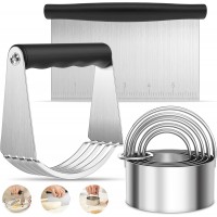 USLAI Biscuit Cutter, Stainless Steel Round Cookie Cutter Set, with Bench Scraper & Pastry Blender, Professional Kitchen Baking Dough Tools (3-Piece/Set)