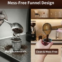 Coffee Scoop with Funnel for Reusable K Cup Refillable Coffee Pods, 2 TBSP Mess-Free Measuring Spoon with Sliding Leveler, Ideal for Ground Coffee, Protein Powder & Tea (Transparent Brown, 1-Pack)