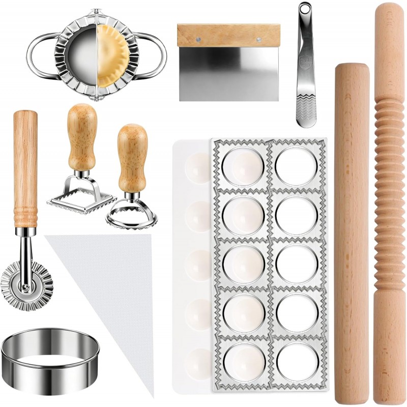 11 Pieces Ravioli Mold Set, Easy-to-Use Ravioli Maker Press with Ravioli Cutter Wheel, Pasta Cutter & Ravioli Making Kit, Wooden Pasta RollerPasta Making Tools for home，pasta lover