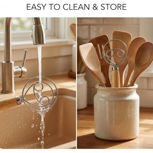 Danish Dough Whisk for Sourdough Bread, Bread Dough Whisk with Stainless Steel Loop and Ergonomic Wooden Handle, Dutch Whisk Mixing Tool for No-Knead Bread, Pizza Dough and Artisan Baking