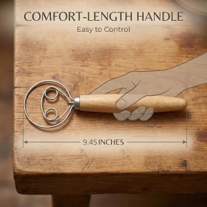 Danish Dough Whisk for Sourdough Bread, Bread Dough Whisk with Stainless Steel Loop and Ergonomic Wooden Handle, Dutch Whisk Mixing Tool for No-Knead Bread, Pizza Dough and Artisan Baking