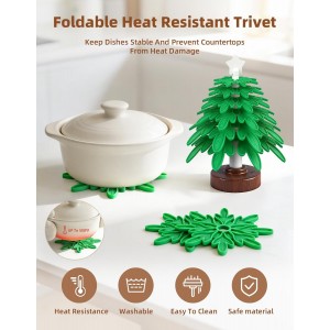 Silicone trivet tree Placemats, Tree Trivet Set-6pcs Trivets for HotDishes with Stand, Wooden-Style Tree Trivet Look, Non-Slip Washable Trivet, Trivets with RGB Light, Tree Pot Holder for Various dish