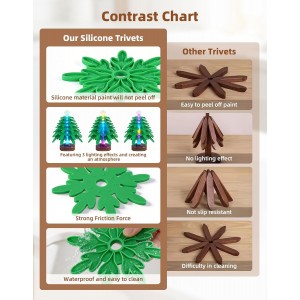 Silicone trivet tree Placemats, Tree Trivet Set-6pcs Trivets for HotDishes with Stand, Wooden-Style Tree Trivet Look, Non-Slip Washable Trivet, Trivets with RGB Light, Tree Pot Holder for Various dish