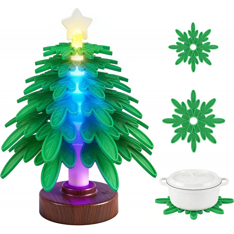 Silicone trivet tree Placemats, Tree Trivet Set-6pcs Trivets for HotDishes with Stand, Wooden-Style Tree Trivet Look, Non-Slip Washable Trivet, Trivets with RGB Light, Tree Pot Holder for Various dish