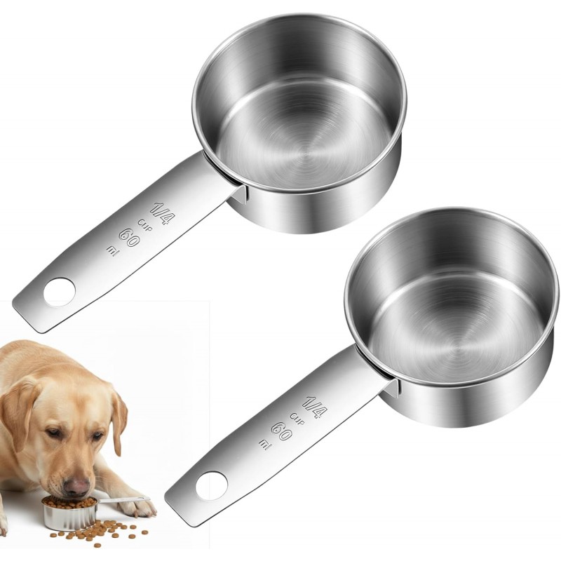 2 Pcs 1/4 Cup Scoop, 1/4 Cup Measuring Scoop, 60 ml Stainless Steel Half Cups Dog Food Measuring Scoops for Feeding Pet, Cat, Dogs, Rabbit, Bird, Wet and Dry Ingredients, Dishwasher Safe