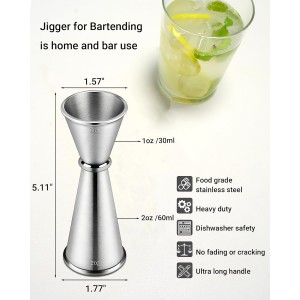 Cocktail Jigger Set 1oz/2oz, Double Sided Stainless Steel Measuring Cups, Shot Measure Tool for Bartending, Home Bar & Mixed Drinks, Silver 2 Pack
