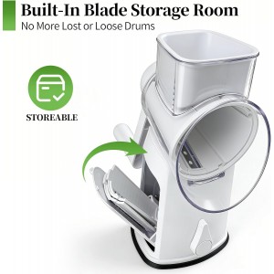 Cheese Grater Hand Crank with Integrated Storage Room, 5 Blades Cheese Grater Rotary with Handle, Potato Shredder, Kitchen Shredder for Vegetable, Fruit, Nut, Non-Slip Suction Base
