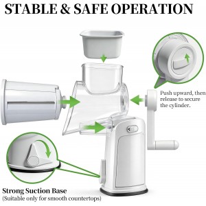 Cheese Grater Hand Crank with Integrated Storage Room, 5 Blades Cheese Grater Rotary with Handle, Potato Shredder, Kitchen Shredder for Vegetable, Fruit, Nut, Non-Slip Suction Base