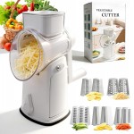 Cheese Grater Hand Crank with Integrated Storage Room, 5 Blades Cheese Grater Rotary with Handle, Potato Shredder, Kitchen Shredder for Vegetable, Fruit, Nut, Non-Slip Suction Base