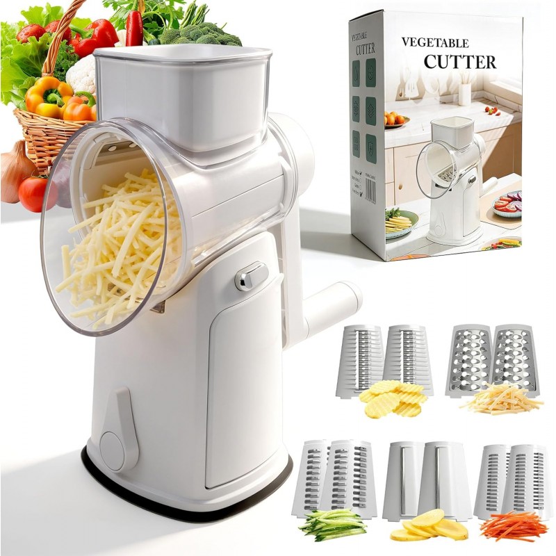 Cheese Grater Hand Crank with Integrated Storage Room, 5 Blades Cheese Grater Rotary with Handle, Potato Shredder, Kitchen Shredder for Vegetable, Fruit, Nut, Non-Slip Suction Base