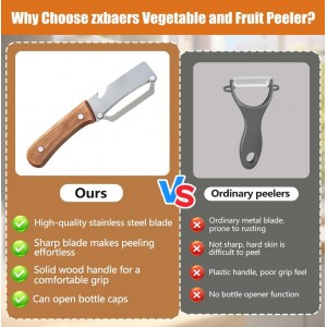 zxbaers 2PCS Multi-Functional Vegetable Peeler for Kitchen, Stainless Steel Vegetable Peelers with Wooden Handle and Bottle Opener, Peelers for Kitchen, for Fruit Pumpkin Papaya Potato Carrot Apple
