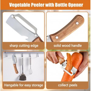 zxbaers 2PCS Multi-Functional Vegetable Peeler for Kitchen, Stainless Steel Vegetable Peelers with Wooden Handle and Bottle Opener, Peelers for Kitchen, for Fruit Pumpkin Papaya Potato Carrot Apple