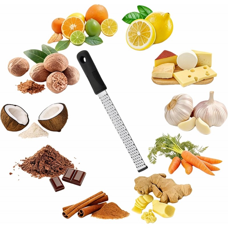 Stainless Steel Lemon Zester Grater with Handle, 12 Inch, Food Grade Kitchen Tool for Cheese, Garlic, Ginger, Chocolate, Citrus