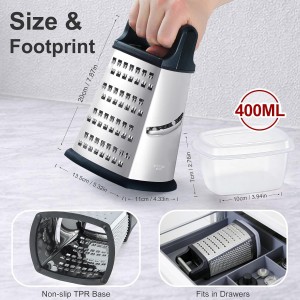 Ourokhome Cheese Grater, Handheld Box Grater with Container & Lid, 4-Sided Stainless Steel for Kitchen, Wavy Julienne, Slicer, Coarse Shred & Fine Zester, Non-Slip Base, Dishwasher Safe, 8 Inch