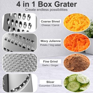 Ourokhome Cheese Grater, Handheld Box Grater with Container & Lid, 4-Sided Stainless Steel for Kitchen, Wavy Julienne, Slicer, Coarse Shred & Fine Zester, Non-Slip Base, Dishwasher Safe, 8 Inch