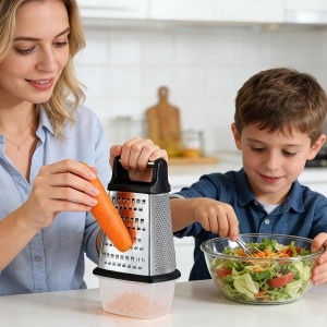 Ourokhome Cheese Grater, Handheld Box Grater with Container & Lid, 4-Sided Stainless Steel for Kitchen, Wavy Julienne, Slicer, Coarse Shred & Fine Zester, Non-Slip Base, Dishwasher Safe, 8 Inch