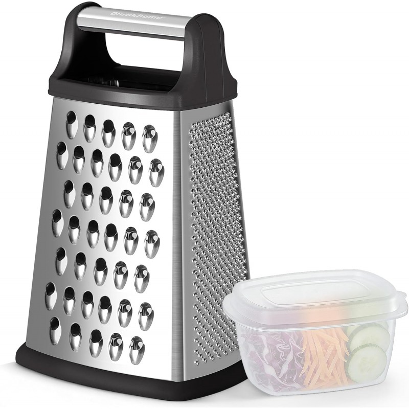 Ourokhome Cheese Grater, Handheld Box Grater with Container & Lid, 4-Sided Stainless Steel for Kitchen, Wavy Julienne, Slicer, Coarse Shred & Fine Zester, Non-Slip Base, Dishwasher Safe, 8 Inch