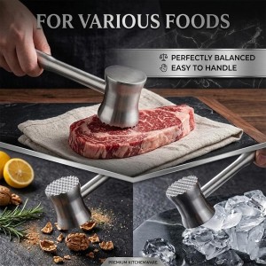 304 Stainless Steel Tenderizer Mallet Dual-Sided Hammer, Heavy Duty Pounder Tool for Steak, Beef & Chicken Cutlets, Textured Grip Kitchen Mallet, Dishwasher Safe Beater for Cooking