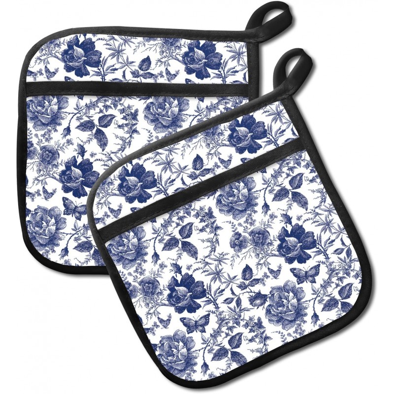 2 Pack Pot Holders for Kitchen Clearance, Cute Hot Pads, Funny Oven Pot Holders, Potholders Sets for Kitchen Heat Resistant Blue White Flowers
