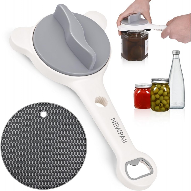 Jar Opener for Weak Hands, Seniors & Arthritis – Adjustable 4-in-1 Bottle & Can Opener with Non-Slip Pad – for Large Pickle Jars, Soda, Wine – Left-Handed & Kid-Friendly, Dishwasher Safe