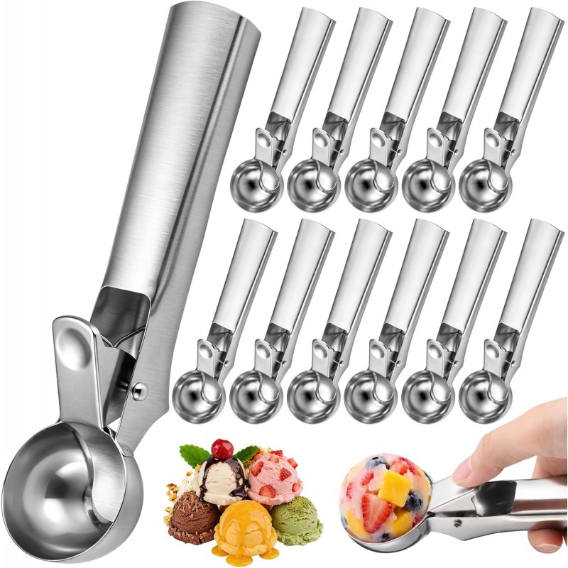 Hushee 12 Pcs Ice Cream Scoop Bulk Stainless Steel Ice Cream Scooper with Trigger Heavy Duty Trigger Release Icecream Cookie Dough Scoop Spoons Dishwasher Safe for Frozen Yogurt Muffin DIY(1.97 Inch)