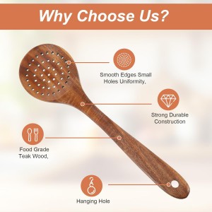 Wooden Slotted Spoon - 11.2 Inch Natural Wood Skimmer Draining Spoon With Holes - Long Handle Cooking Utensil For Straining Draining Egg Meat Noodles