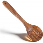 Wooden Slotted Spoon - 11.2 Inch Natural Wood Skimmer Draining Spoon With Holes - Long Handle Cooking Utensil For Straining Draining Egg Meat Noodles