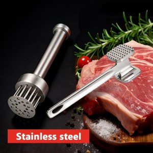 2 Pcs Stainless Steel Meat Tenderizer Tools,Meat Hammer and Meat Tenderizer Needle Meats Piercing for Tenderizing Beef Turkey Chicken and Steak(COLOR:Silver)