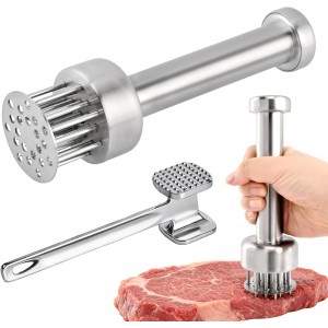 2 Pcs Stainless Steel Meat Tenderizer Tools,Meat Hammer and Meat Tenderizer Needle Meats Piercing for Tenderizing Beef Turkey Chicken and Steak(COLOR:Silver)