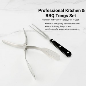 Kitchen Metal Tongs with Carving Fork, Heat-Resistant Stainless Steel Cooking Tongs, Stable Clamping and Flipping Performance, Perfect for Grilling, Frying, and Griddling