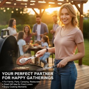 Kitchen Metal Tongs with Carving Fork, Heat-Resistant Stainless Steel Cooking Tongs, Stable Clamping and Flipping Performance, Perfect for Grilling, Frying, and Griddling