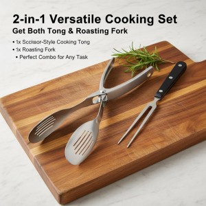 Kitchen Metal Tongs with Carving Fork, Heat-Resistant Stainless Steel Cooking Tongs, Stable Clamping and Flipping Performance, Perfect for Grilling, Frying, and Griddling