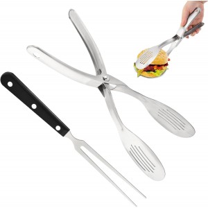 Kitchen Metal Tongs with Carving Fork, Heat-Resistant Stainless Steel Cooking Tongs, Stable Clamping and Flipping Performance, Perfect for Grilling, Frying, and Griddling