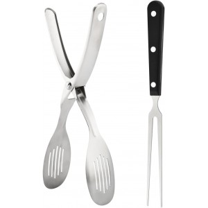 Kitchen Metal Tongs with Carving Fork, Heat-Resistant Stainless Steel Cooking Tongs, Stable Clamping and Flipping Performance, Perfect for Grilling, Frying, and Griddling