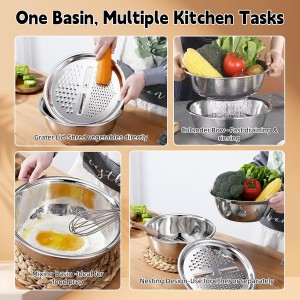 Mixing Bowls Set, 3 In 1 Multifunctional Stainless Steel Basin, Rice Washer Strainer Bowl, Kitchen Grater Set with Drain Basket for Vegetables Salad, 10.2 Inches