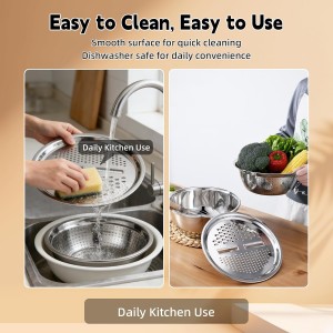 Mixing Bowls Set, 3 In 1 Multifunctional Stainless Steel Basin, Rice Washer Strainer Bowl, Kitchen Grater Set with Drain Basket for Vegetables Salad, 10.2 Inches