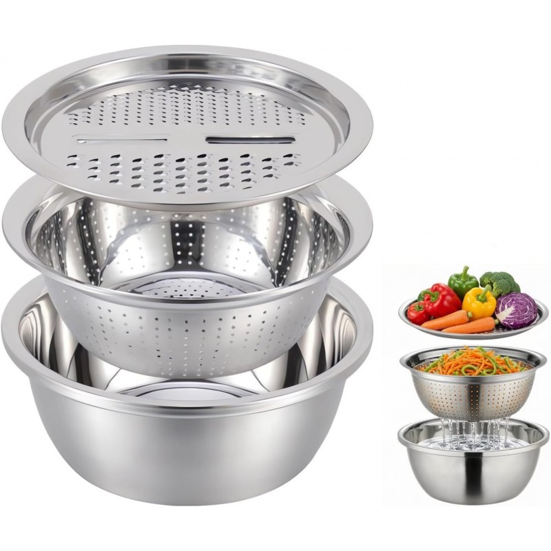 Mixing Bowls Set, 3 In 1 Multifunctional Stainless Steel Basin, Rice Washer Strainer Bowl, Kitchen Grater Set with Drain Basket for Vegetables Salad, 10.2 Inches