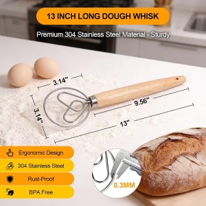 13 Inch Danish Dough Whisk, 304 Stainless Steel Dough Whisk with Long Smooth Wooden Handle - Dutch Whisk Sourdough Bread Tools for Pizza, Pastry & Cake Batter Mixing Easy & Quick