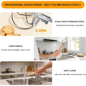 13 Inch Danish Dough Whisk, 304 Stainless Steel Dough Whisk with Long Smooth Wooden Handle - Dutch Whisk Sourdough Bread Tools for Pizza, Pastry & Cake Batter Mixing Easy & Quick