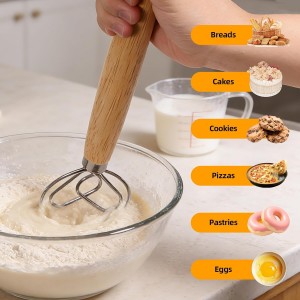 13 Inch Danish Dough Whisk, 304 Stainless Steel Dough Whisk with Long Smooth Wooden Handle - Dutch Whisk Sourdough Bread Tools for Pizza, Pastry & Cake Batter Mixing Easy & Quick