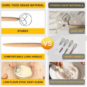 13 Inch Danish Dough Whisk, 304 Stainless Steel Dough Whisk with Long Smooth Wooden Handle - Dutch Whisk Sourdough Bread Tools for Pizza, Pastry & Cake Batter Mixing Easy & Quick