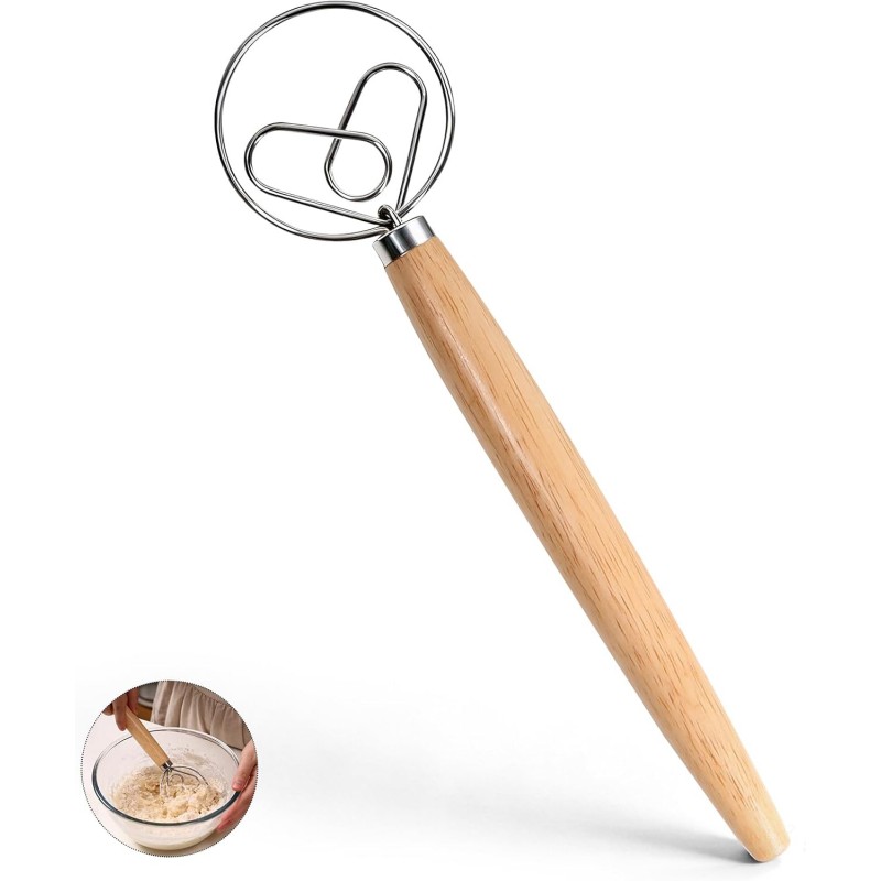13 Inch Danish Dough Whisk, 304 Stainless Steel Dough Whisk with Long Smooth Wooden Handle - Dutch Whisk Sourdough Bread Tools for Pizza, Pastry & Cake Batter Mixing Easy & Quick